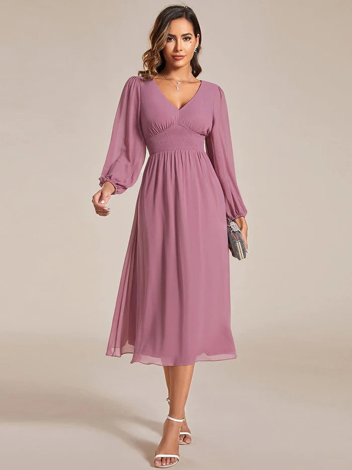 Chiffon V-Neck Long Sleeves  Band Midi Wedding Guest Dress