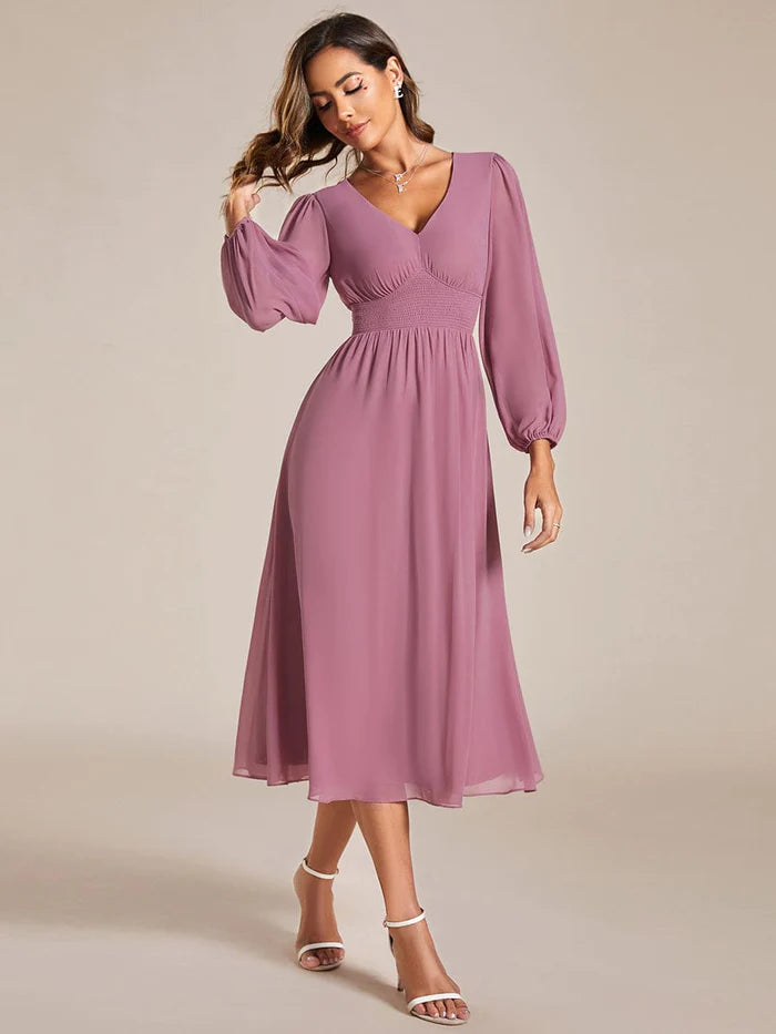 Chiffon V-Neck Long Sleeves  Band Midi Wedding Guest Dress