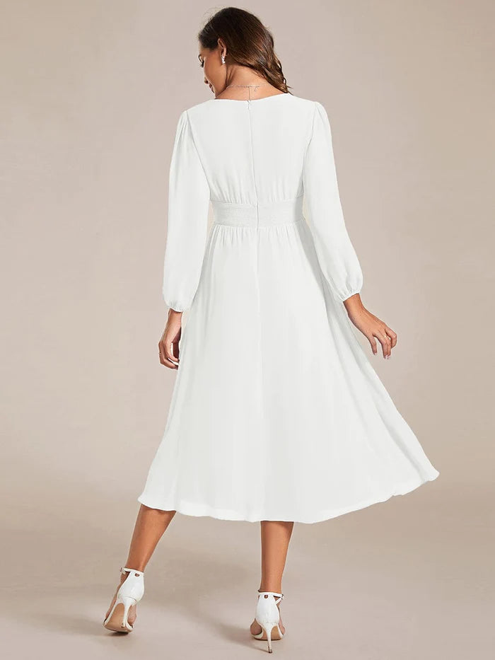 Chiffon V-Neck Long Sleeves  Band Midi Wedding Guest Dress