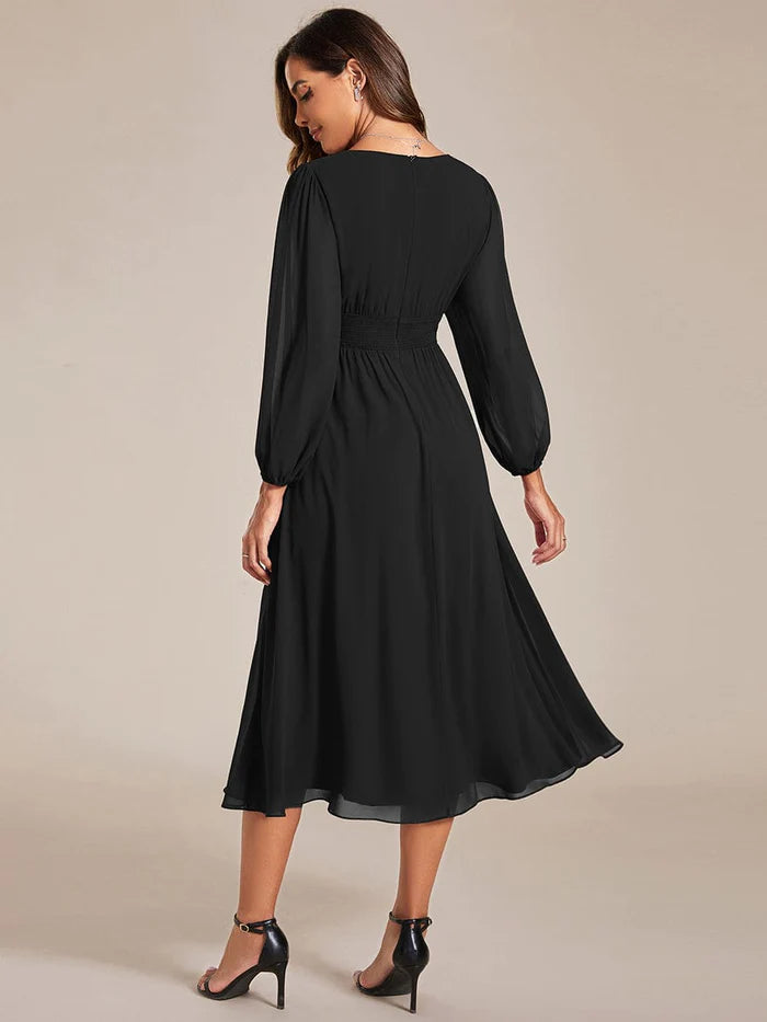 Chiffon V-Neck Long Sleeves  Band Midi Wedding Guest Dress