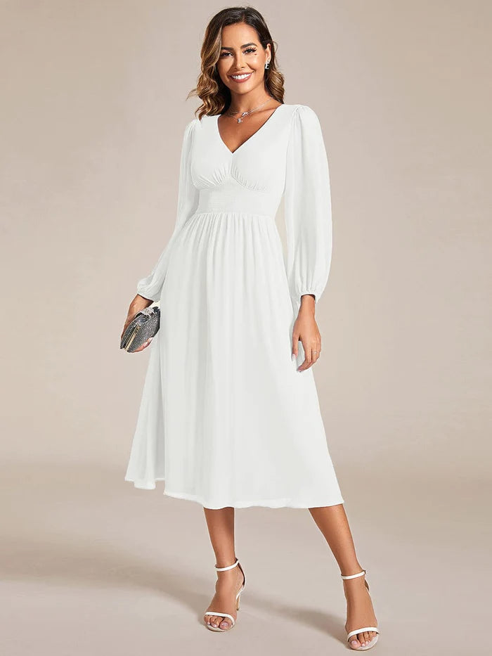 Chiffon V-Neck Long Sleeves  Band Midi Wedding Guest Dress