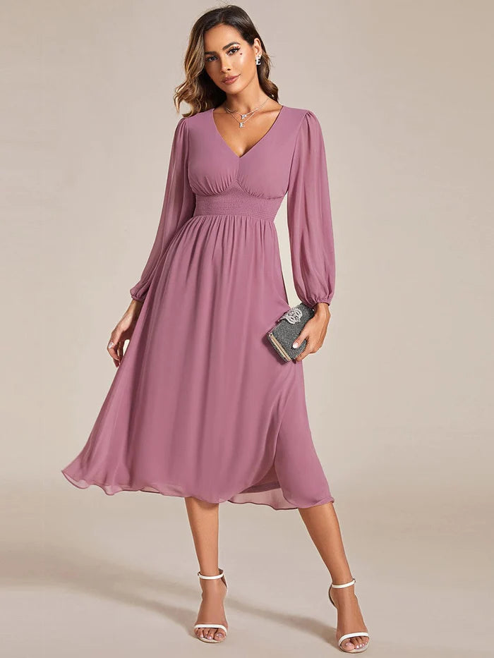 Chiffon V-Neck Long Sleeves  Band Midi Wedding Guest Dress
