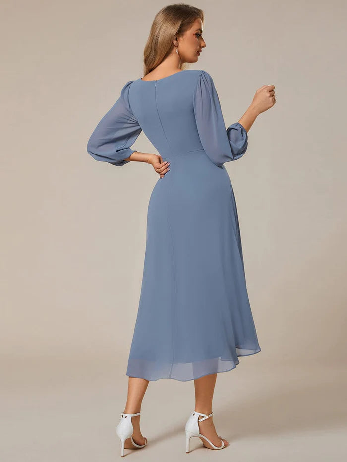 Long Sleeves Asymmetrical Hem A-Line Midi Wedding Guest Dress/Prom  Dresses