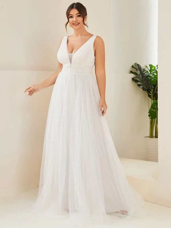 Plus Size Empire Waist Sleeveless Lace Sheer A-Line Wedding Dress