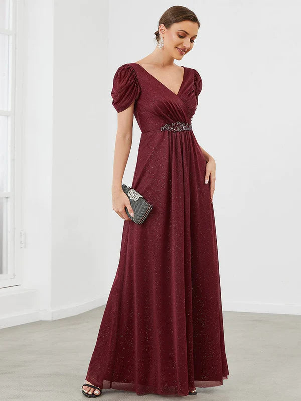 A-Line Sheer Puffed Sleeve Belted Sweetheart Ruched Mother of the Bride Dress