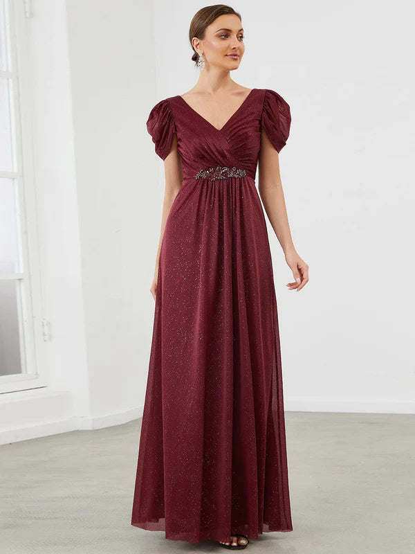 A-Line Sheer Puffed Sleeve Belted Sweetheart Ruched Mother of the Bride Dress