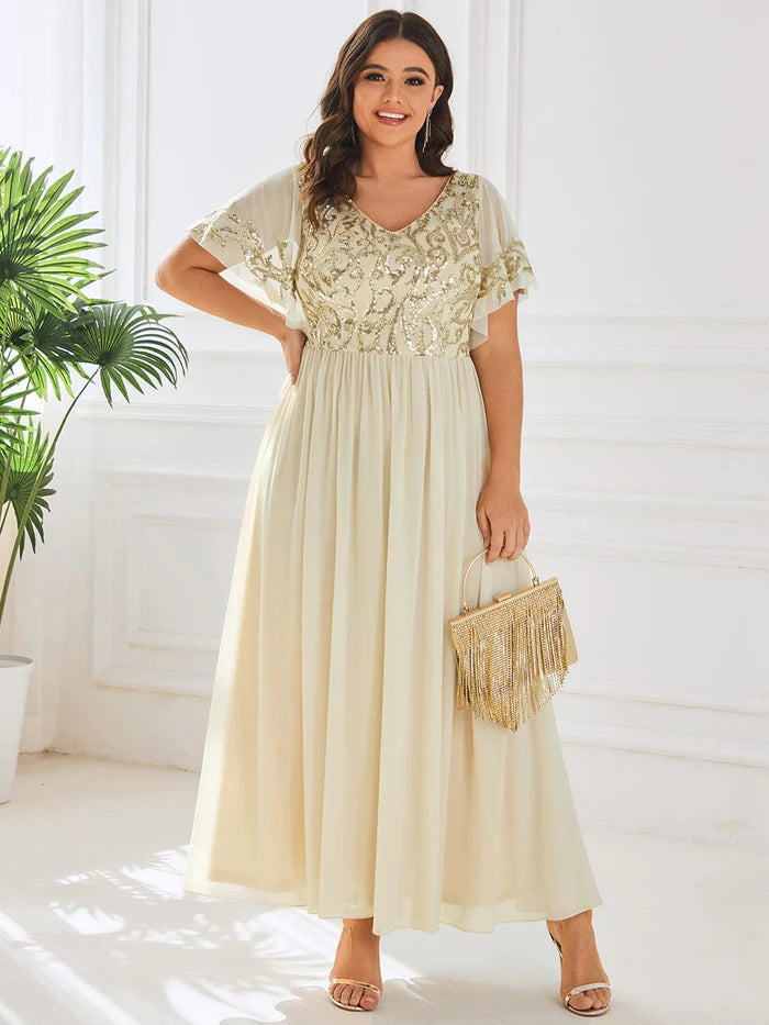 Plus Size V-Neck Short Sleeve Sequin Bodice Mother of the Bride Dress/Prom Dresses