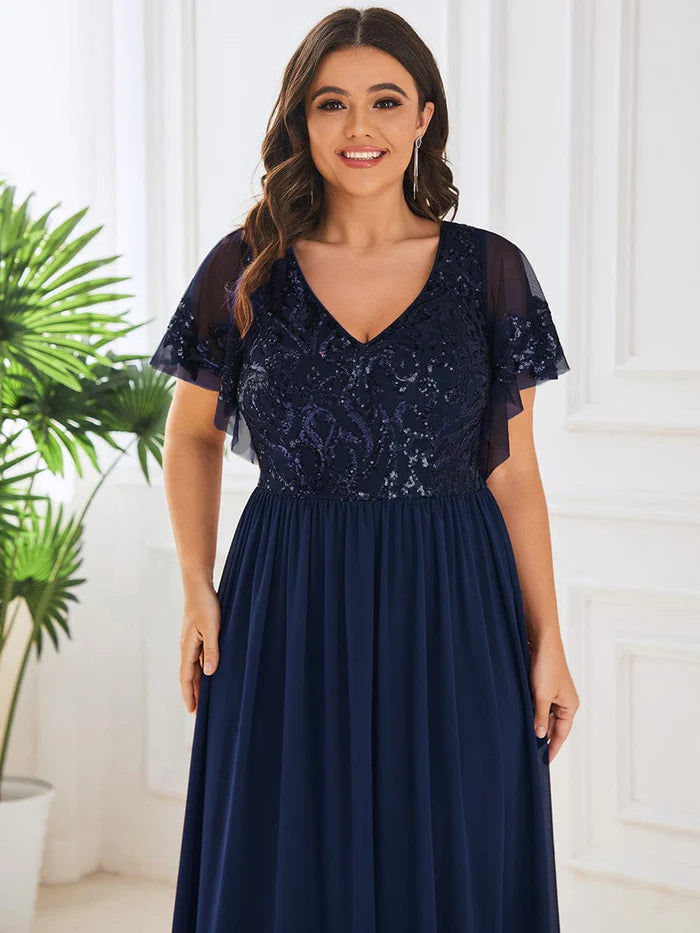 Plus Size V-Neck Short Sleeve Sequin Bodice Mother of the Bride Dress/Prom Dresses