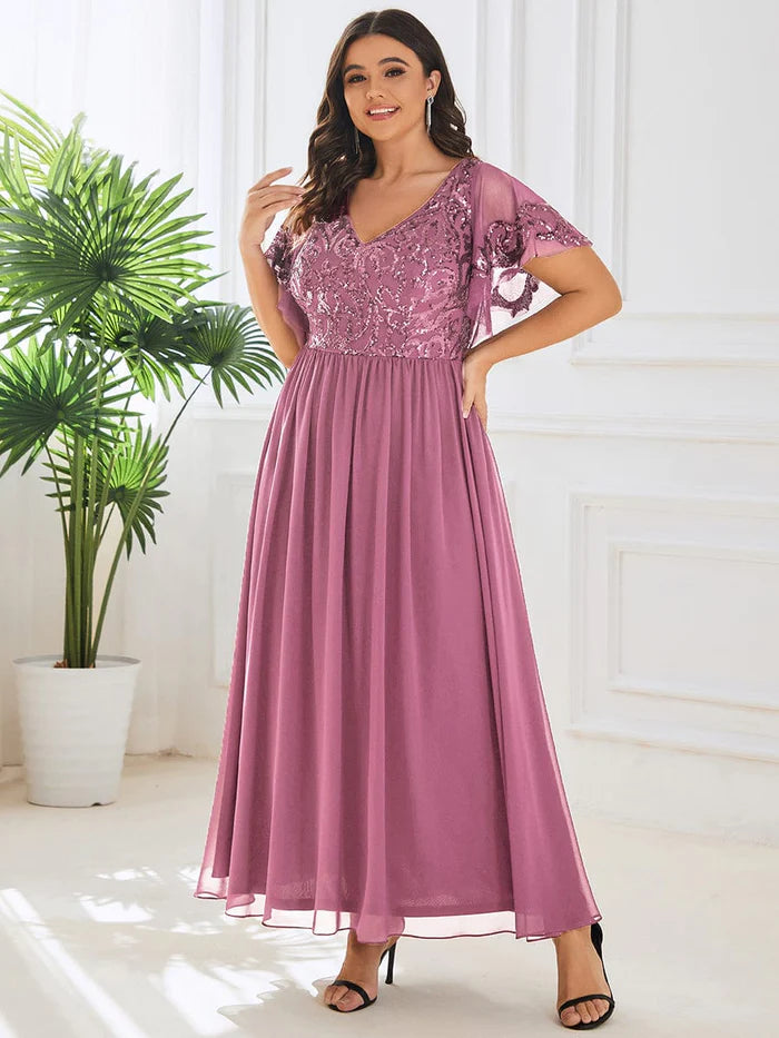 Plus Size V-Neck Short Sleeve Sequin Bodice Mother of the Bride Dress/Prom Dresses
