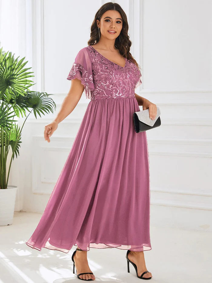 Plus Size V-Neck Short Sleeve Sequin Bodice Mother of the Bride Dress/Prom Dresses