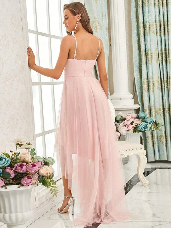 V Neck High-low Hem Pleated Tulle Prom Dress