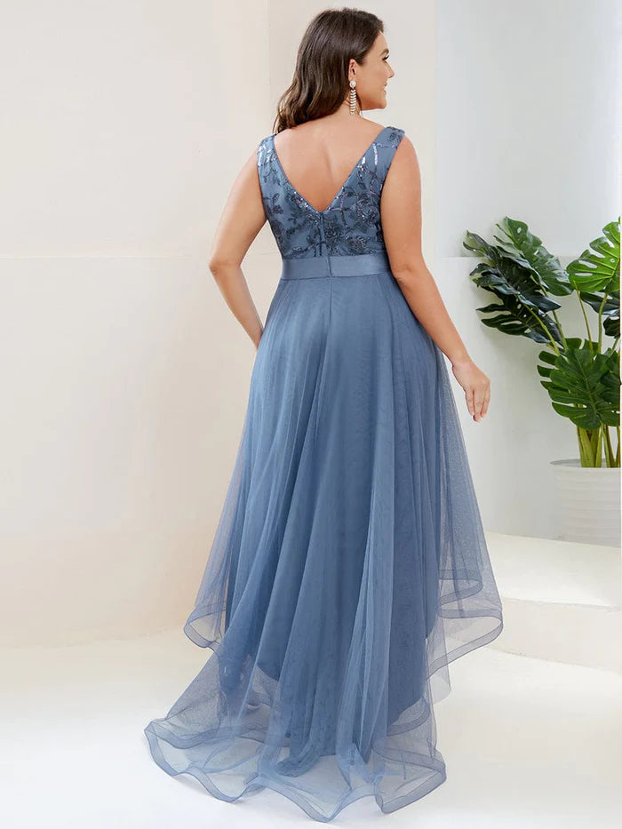 Plus Size Sequin High-Low Deep V Neck Tulle Evening Dresses/Prom  Dresses