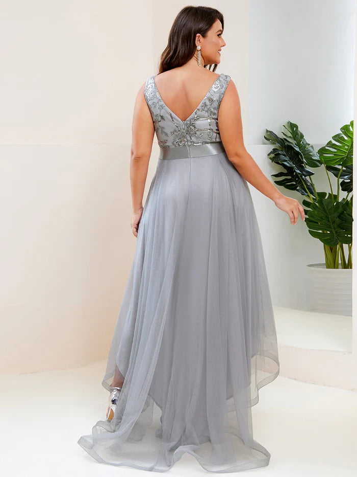 Plus Size Sequin High-Low Deep V Neck Tulle Evening Dresses/Prom  Dresses