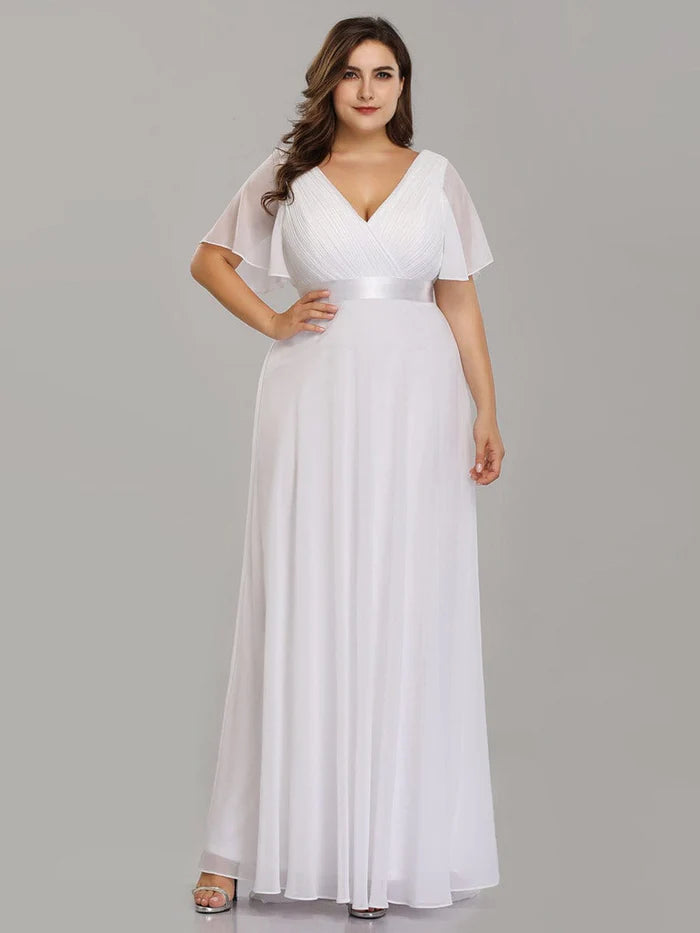 Plus Size Empire Waist V Back Bridesmaid Dress with Short Sleeves/Evening Dresses