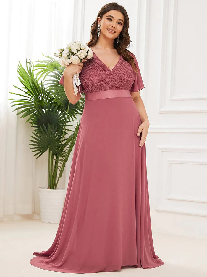 Plus Size Empire Waist V Back Bridesmaid Dress with Short Sleeves/Evening Dresses