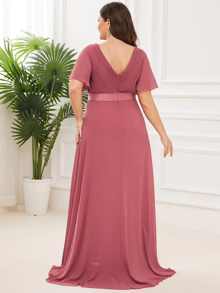 Plus Size Empire Waist V Back Bridesmaid Dress with Short Sleeves/Evening Dresses