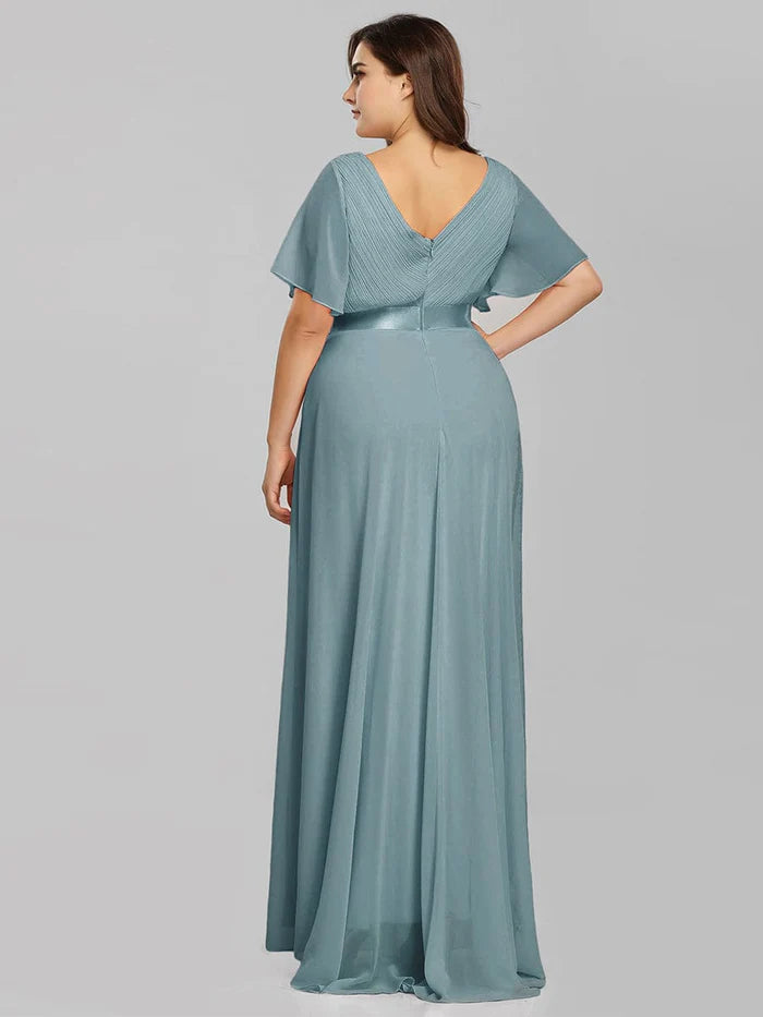 Plus Size Empire Waist V Back Bridesmaid Dress with Short Sleeves/Evening Dresses