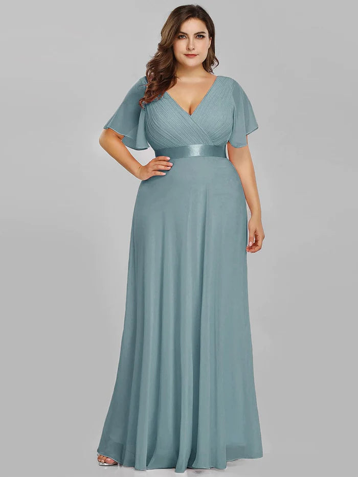 Plus Size Empire Waist V Back Bridesmaid Dress with Short Sleeves/Evening Dresses