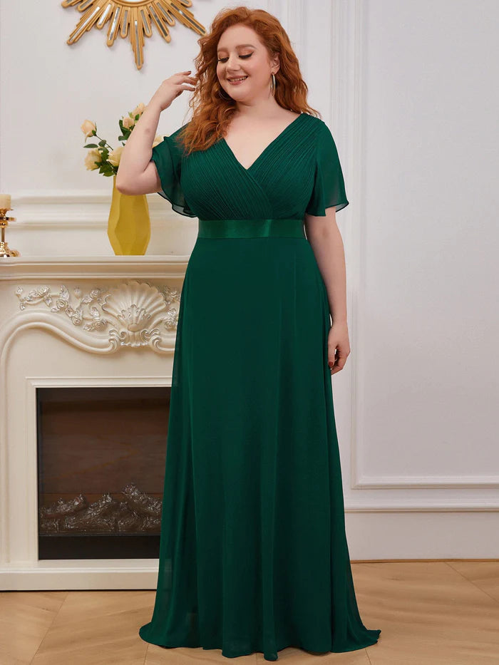Plus Size Empire Waist V Back Bridesmaid Dress with Short Sleeves/Evening Dresses