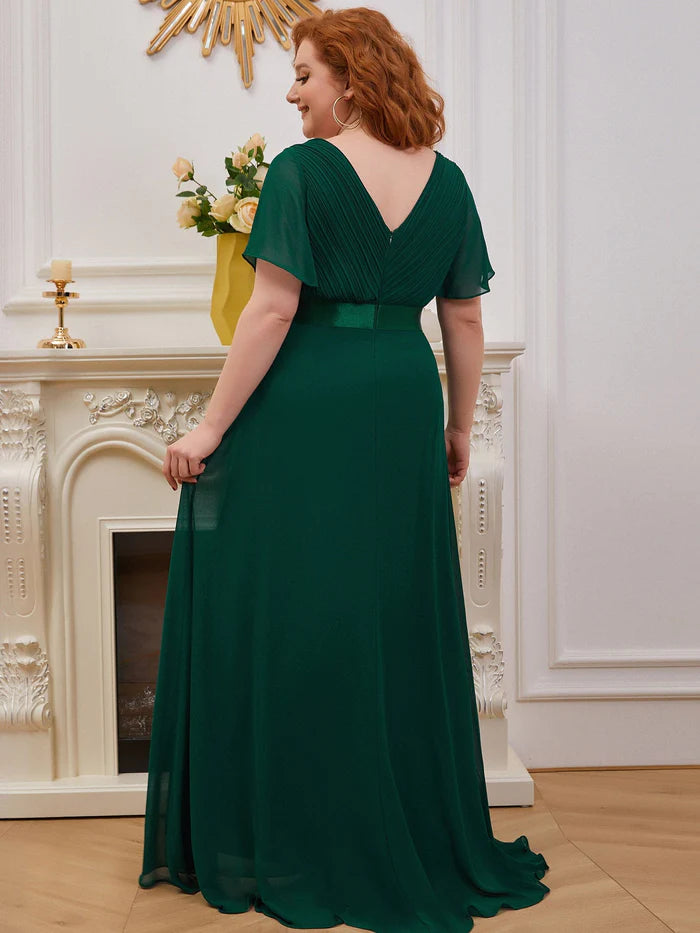 Plus Size Empire Waist V Back Bridesmaid Dress with Short Sleeves/Evening Dresses