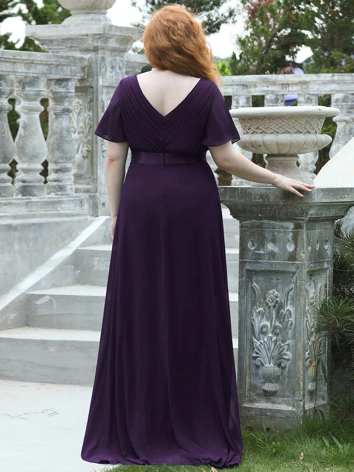 Plus Size Empire Waist V Back Bridesmaid Dress with Short Sleeves/Evening Dresses
