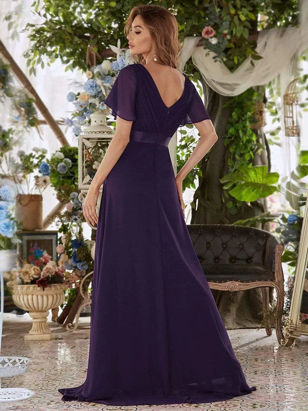 Flutter Sleeves Empire Waist Long Chiffon Bridesmaid Dress
