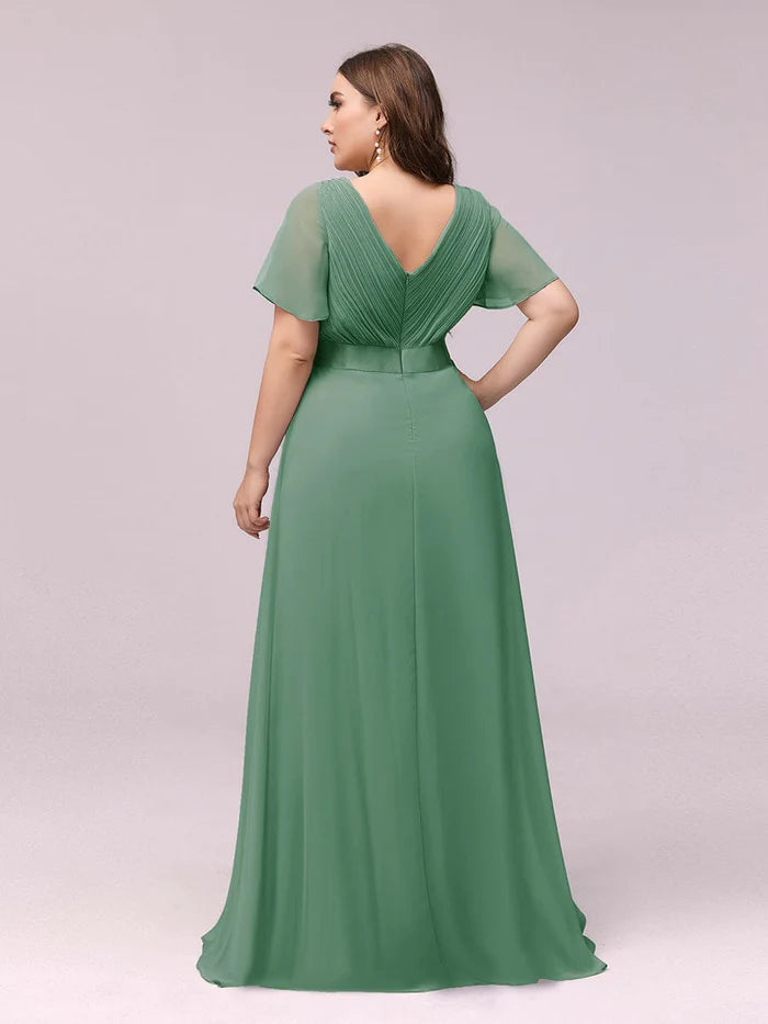 Plus Size Empire Waist V Back Bridesmaid Dress with Short Sleeves/Evening Dresses