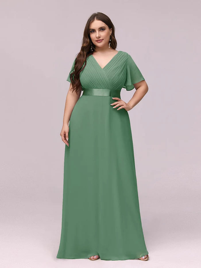 Plus Size Empire Waist V Back Bridesmaid Dress with Short Sleeves/Evening Dresses