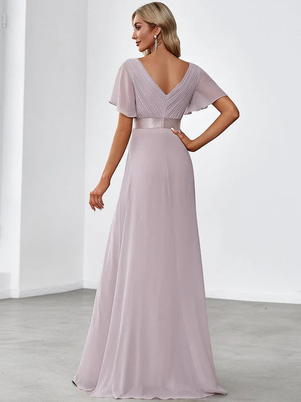 Flutter Sleeves Empire Waist Long Chiffon Bridesmaid Dress