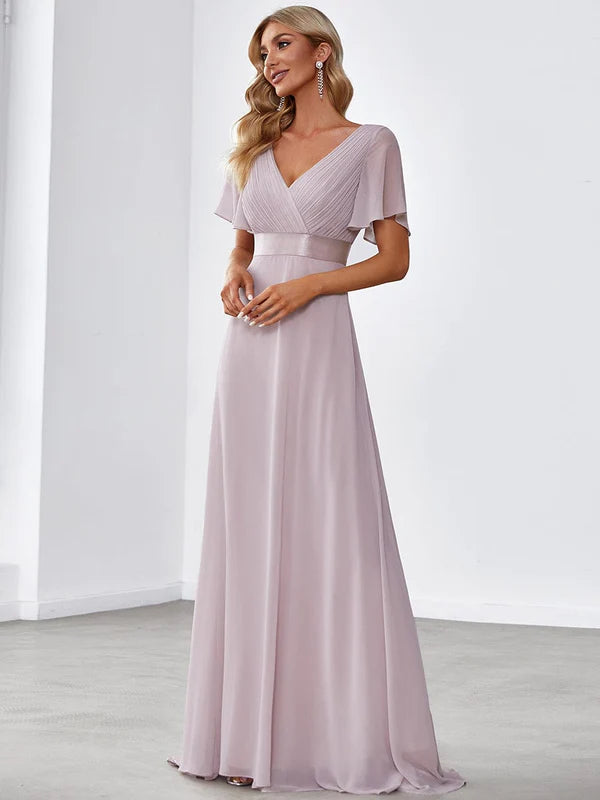 Flutter Sleeves Empire Waist Long Chiffon Bridesmaid Dress