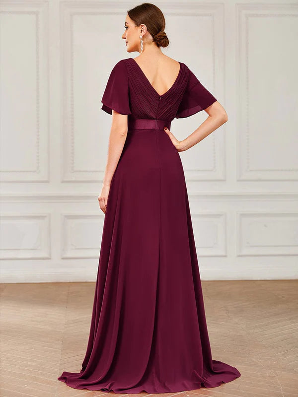 Flutter Sleeves Empire Waist Long Chiffon Bridesmaid Dress