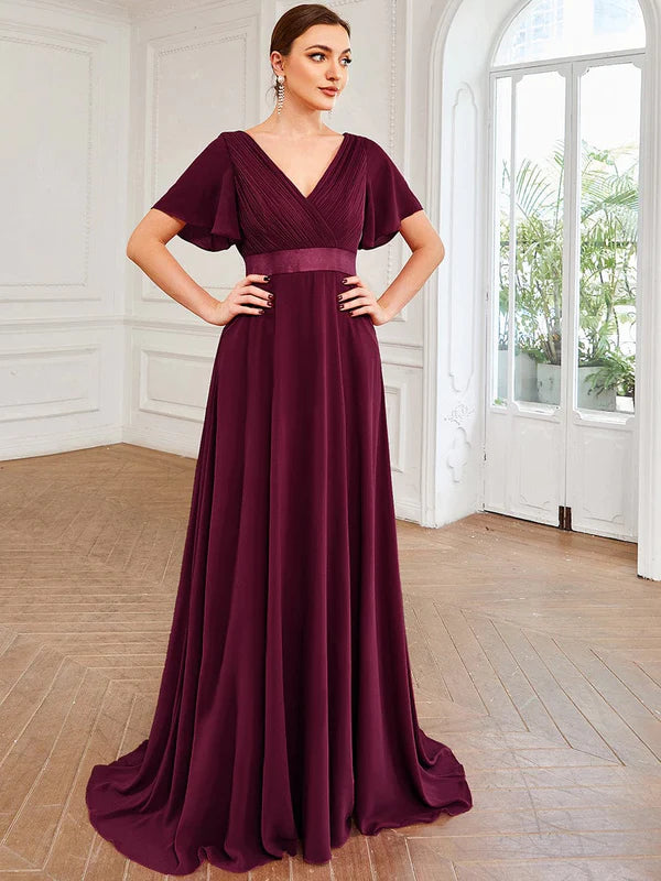 Flutter Sleeves Empire Waist Long Chiffon Bridesmaid Dress