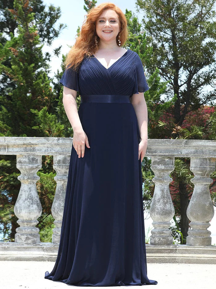 Plus Size Empire Waist V Back Bridesmaid Dress with Short Sleeves/Evening Dresses
