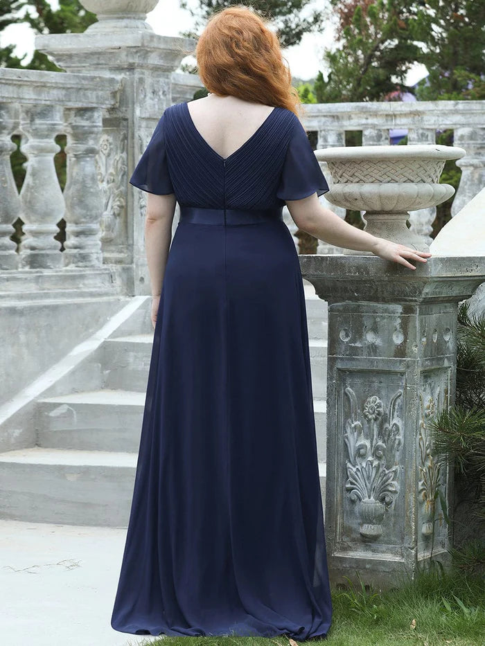 Plus Size Empire Waist V Back Bridesmaid Dress with Short Sleeves/Evening Dresses