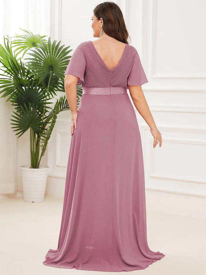 Plus Size Empire Waist V Back Bridesmaid Dress with Short Sleeves/Evening Dresses