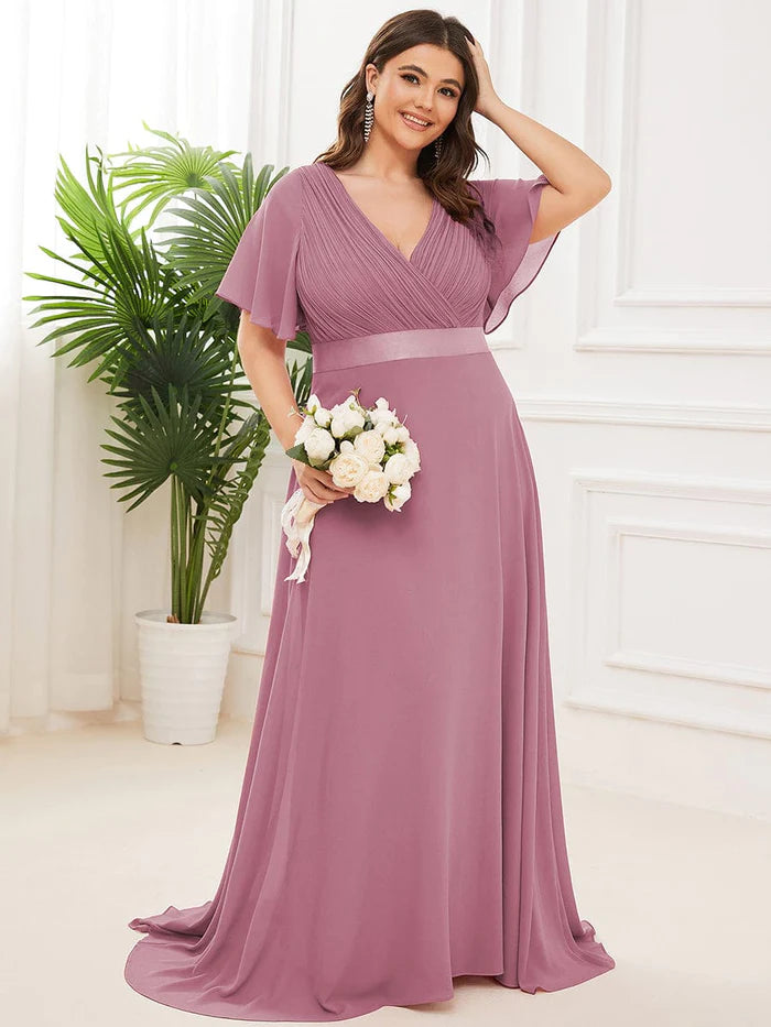 Plus Size Empire Waist V Back Bridesmaid Dress with Short Sleeves/Evening Dresses