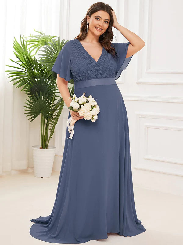 Plus Size Simple Empire Waist Flutter Sleeve Evening Dress