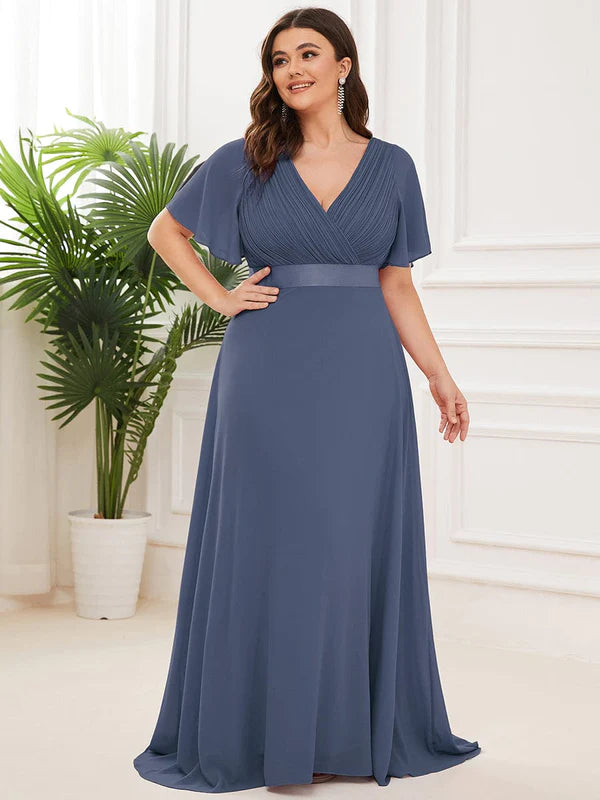 Plus Size Simple Empire Waist Flutter Sleeve Evening Dress