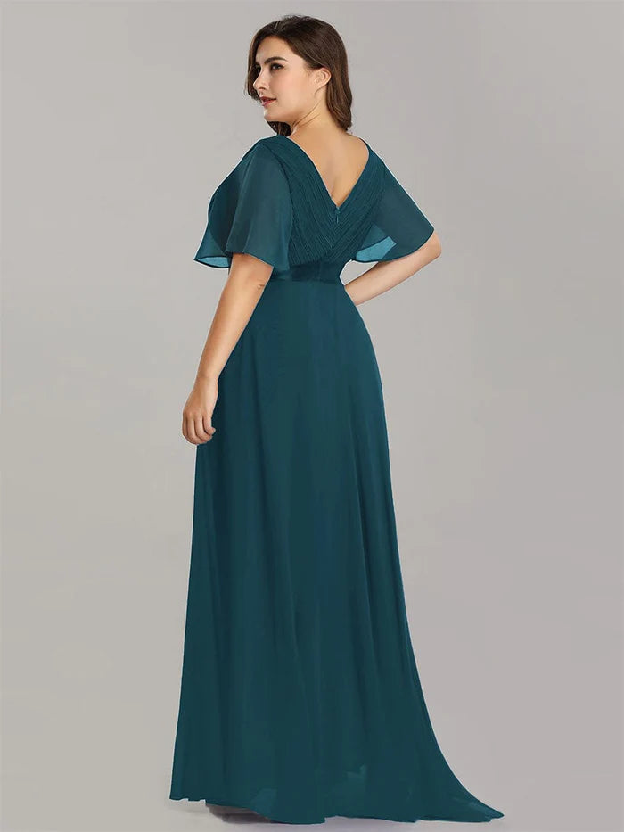 Plus Size Empire Waist V Back Bridesmaid Dress with Short Sleeves/Evening Dresses