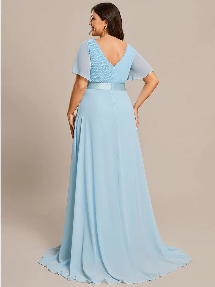 Plus Size Empire Waist V Back Bridesmaid Dress with Short Sleeves/Evening Dresses