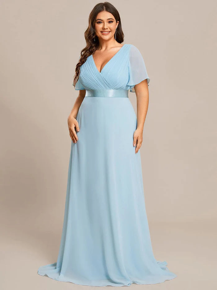 Plus Size Empire Waist V Back Bridesmaid Dress with Short Sleeves/Evening Dresses