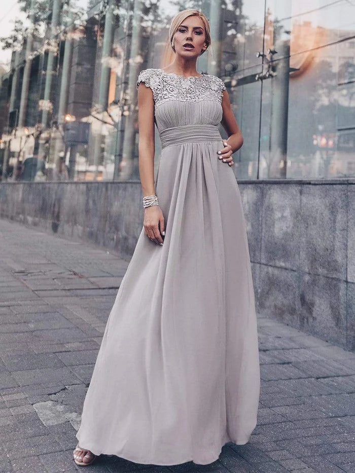 Elegant Lace Cap Sleeve Maxi Long Chiffon Bridesmaid Dress/Evening  Dresses