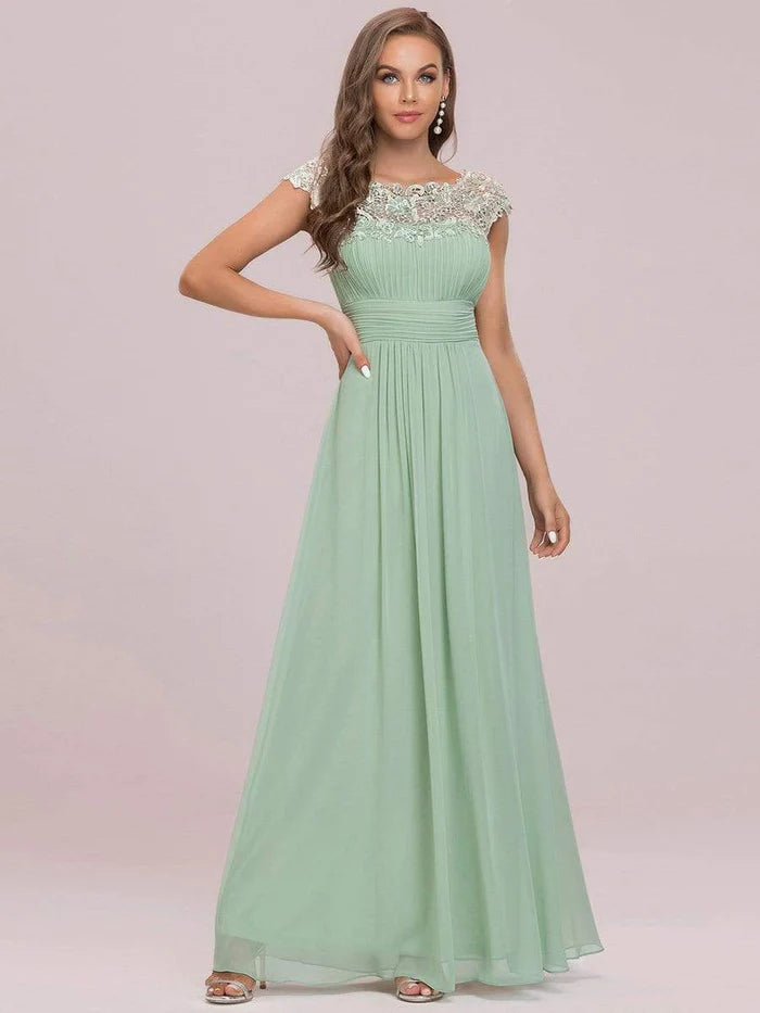 Elegant Lace Cap Sleeve Maxi Long Chiffon Bridesmaid Dress/Evening  Dresses
