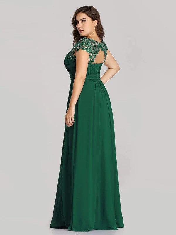 Plus Size Elegant Maxi Long Lace Cap Sleeve Bridesmaid Dress