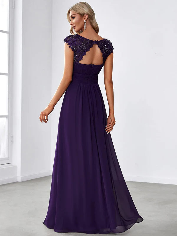 Classic Maxi Long Lace Cap Sleeve Bridesmaid Dress