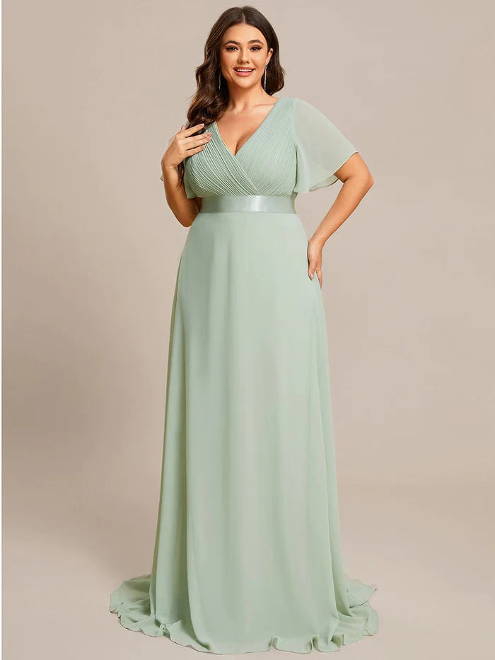 Plus Size Empire Waist V Back Bridesmaid Dress with Short Sleeves/Evening Dresses