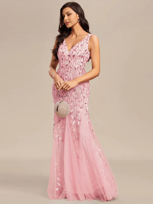 Sleeveless Deep V-Neck Fishtail Leaf Sequin Evening Dress