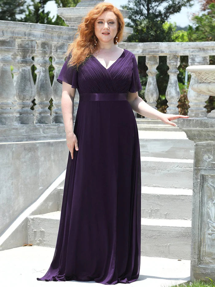 Plus Size Empire Waist V Back Bridesmaid Dress with Short Sleeves/Evening Dresses