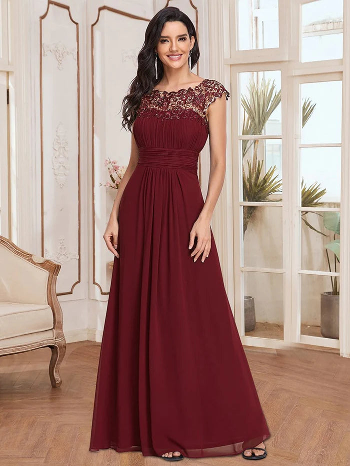 Elegant Lace Cap Sleeve Maxi Long Chiffon Bridesmaid Dress/Evening  Dresses