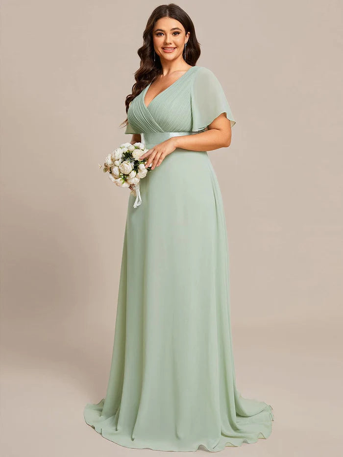 Plus Size Empire Waist V Back Bridesmaid Dress with Short Sleeves/Evening Dresses